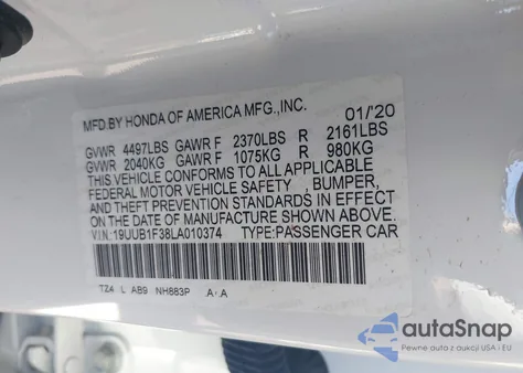 2020 Acura Tlx Standard из США, поврежденный, VIN 19UUB1F38LA010374